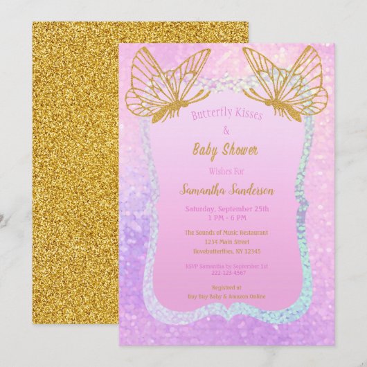 Roze en gouden Baby shower Whimsical Butterfly Kaart (Voorkant / Achterkant)