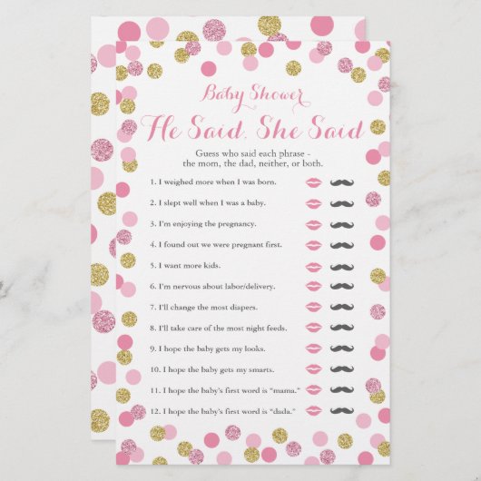 Roze en gouden Baby shower zei hij dat ze speelde (Voorkant / Achterkant)