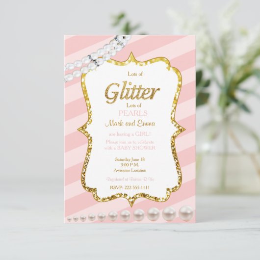 Roze en gouden baby showers uitnodiging (Staand voorkant)