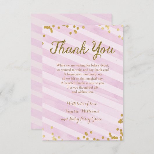 Roze en gouden Baby Sprinkle Shower Hartelijk dank Kaart (Voorkant / Achterkant)