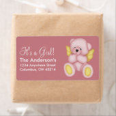 Roze en gouden Baby Teddy Bear Angel Adresetikette Etiket (Insitu)