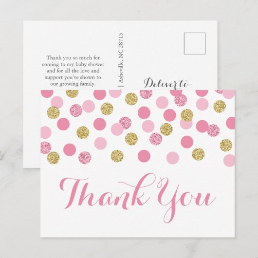 Roze en gouden babyshower bedankkaart briefkaart (Voorkant / Achterkant)