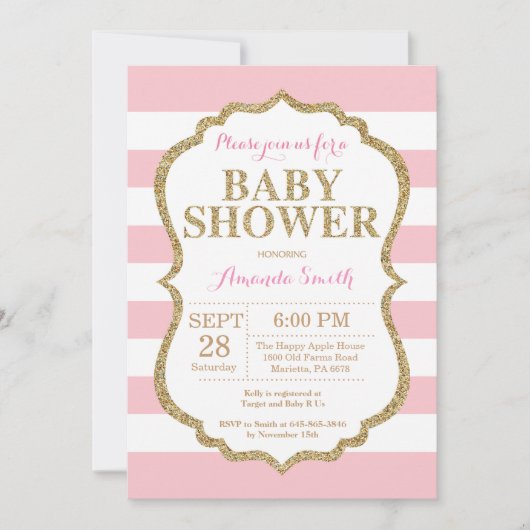 Roze en gouden babyshower uitnodiging glitters (Voorkant)