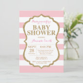 Roze en gouden babyshower uitnodiging glitters (Staand voorkant)