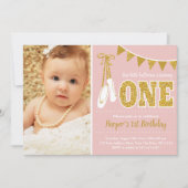 Roze en Gouden Ballerina 1e Verjaardag Kaart (Voorkant)