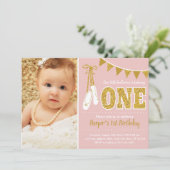 Roze en Gouden Ballerina 1e Verjaardag Kaart (Staand voorkant)