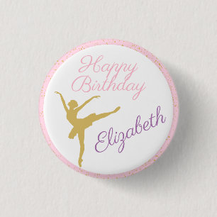 Roze en gouden Ballerina Birthday Ronde Button 3,2 Cm