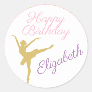 Roze en gouden Ballerina Birthday Ronde Sticker