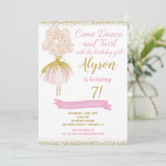 Roze en gouden ballerina danseres verjaardag kaart (Staand voorkant)