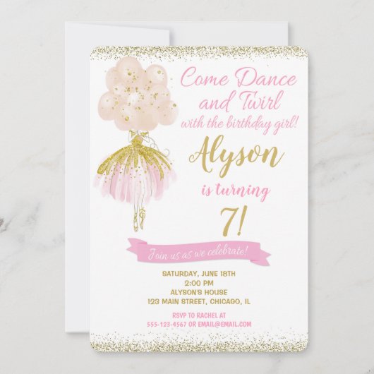 Roze en gouden ballerina danseres verjaardag kaart (Voorkant)