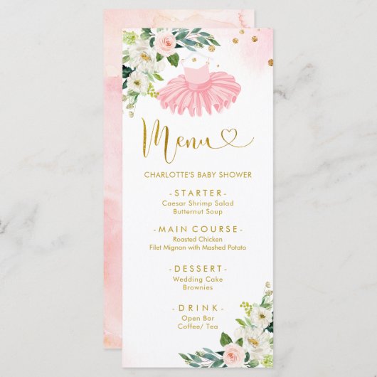 Roze en gouden ballerina tutu babyshower menu (Voorkant / Achterkant)