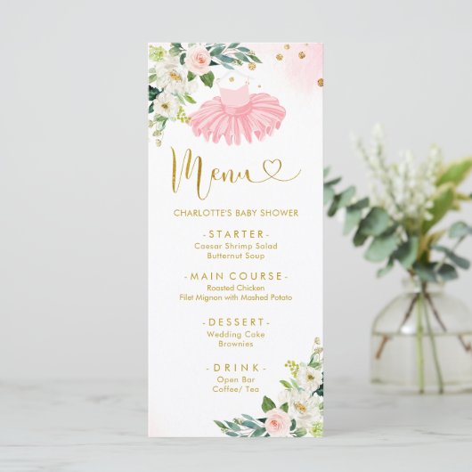 Roze en gouden ballerina tutu babyshower menu (Staand voorkant)
