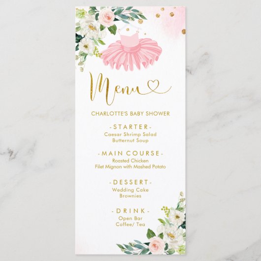 Roze en gouden ballerina tutu babyshower menu (Voorkant)