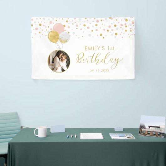 Roze en gouden ballon, eerste verjaardag Fotobanne Spandoek (Beurs)