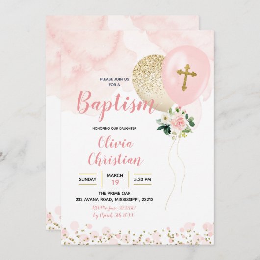 Roze en gouden ballonmeisje Baptisme uitnodiging (Voorkant / Achterkant)