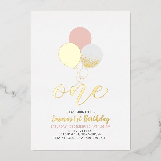 Roze en gouden ballonnen | Eerste meisjesfeest Folie Uitnodiging (Voorkant)