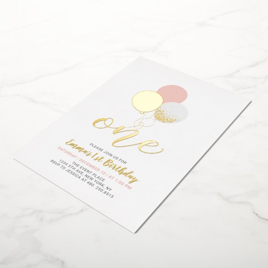 Roze en gouden ballonnen | Eerste meisjesfeest Folie Uitnodiging (Gedraaid)