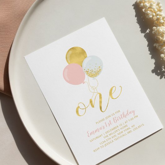 Roze en gouden ballonnen | Eerste meisjesfeest Kaart