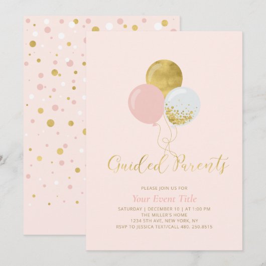 Roze en gouden ballonnen Geleide ouders Kaart (Voorkant / Achterkant)