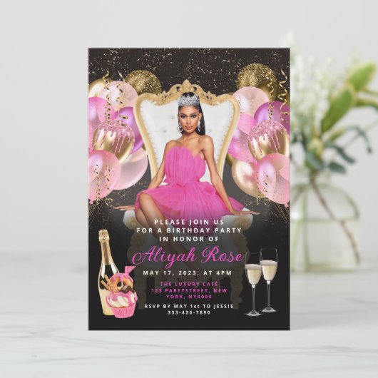 Roze en gouden ballonnen - Koninklijke uitnodiging (Staand voorkant)