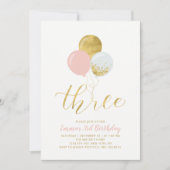 Roze en gouden ballonnen | Meisje 3rd Birthday Par Kaart (Voorkant)