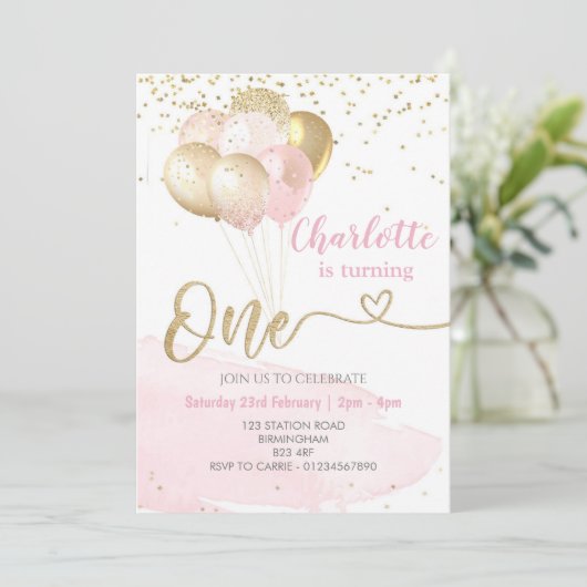 Roze en Gouden Ballonnen, Partij Verjaardag Kaart (Staand voorkant)