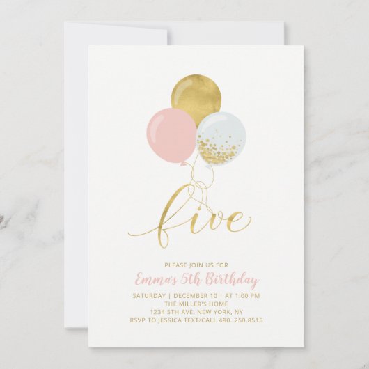 Roze en gouden ballonnen | Vierde verjaardag van h Kaart (Voorkant)