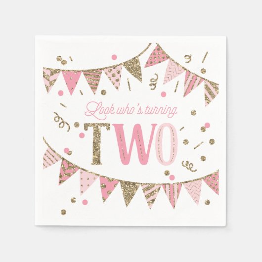 Roze en gouden banners 2e verjaardag servet (Voorkant)