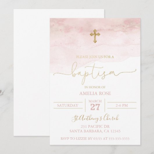 Roze en gouden baptisme kaart (Voorkant / Achterkant)