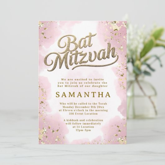 Roze en Gouden Bat Mitzvah Uitnodiging (Staand voorkant)
