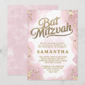 Roze en Gouden Bat Mitzvah Uitnodiging (Voorkant / Achterkant)