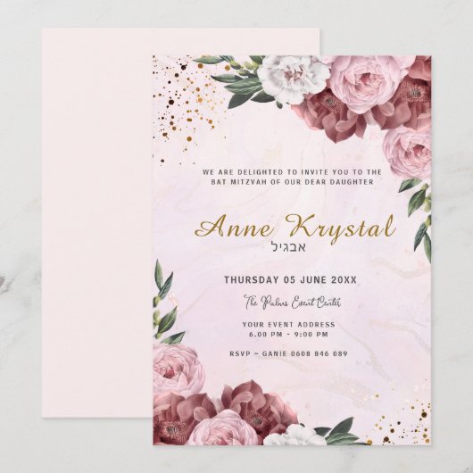 Roze en gouden Bat Mitzvah uitnodiging (Voorkant / Achterkant)