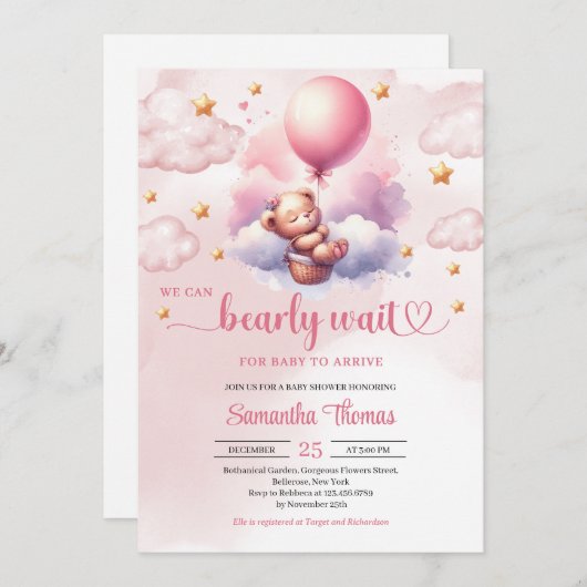 Roze en gouden beer wachten teddybeer meisje douch kaart (Voorkant / Achterkant)