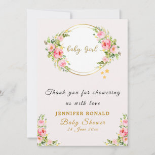 Roze en Gouden bloem Baby meisje baby shower Bedankkaart