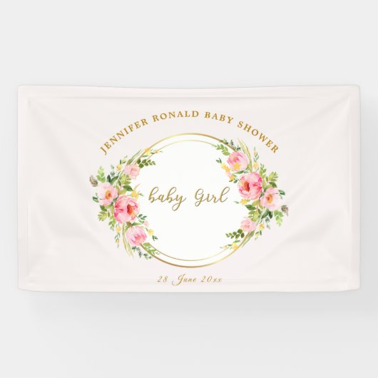 Roze en Gouden bloem Baby meisje baby shower Spandoek (Horizontaal)
