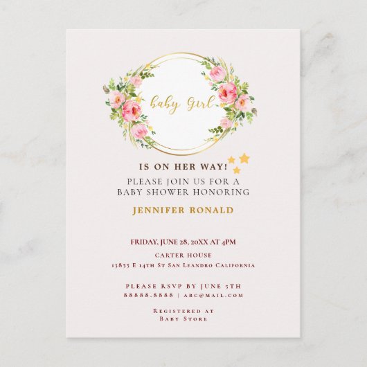Roze en Gouden bloem Baby meisje baby shower Uitnodiging Briefkaart (Voorkant)