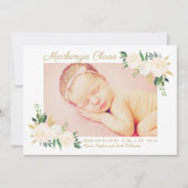 Roze en Gouden Bloem Baby Meisje Foto Geboorte Aankondiging (Voorkant)