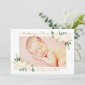 Roze en Gouden Bloem Baby Meisje Foto Geboorte Aankondiging (Staand voorkant)