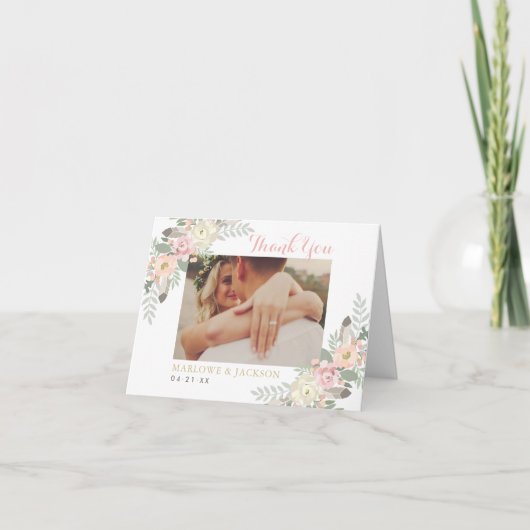 Roze en gouden bloem Boho bruiloftsfoto Bedankkaart (Voorkant)