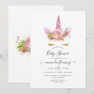 Roze en Gouden Bloem Eenhoorn Baby Shower Kaart