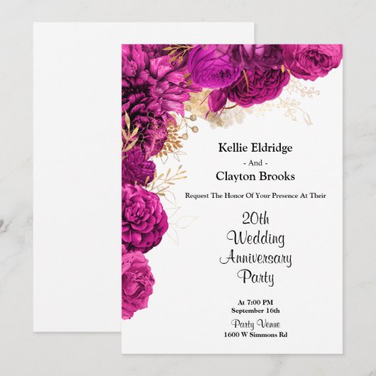 Roze en gouden bloem feestelijke huwelijksjubileum kaart (Voorkant / Achterkant)