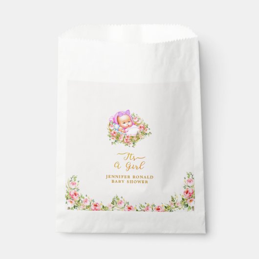 Roze en gouden bloem thema is een meisje baby show bedankzakje (Voorkant)