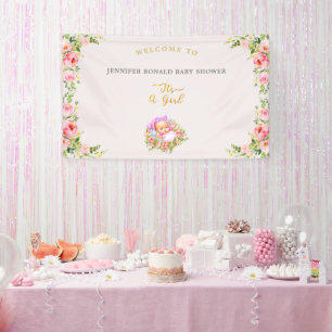 Roze en gouden bloem thema is een meisje baby show spandoek