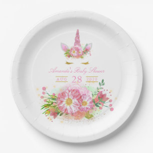Roze en gouden bloem unicorn meisje baby shower papieren bordje