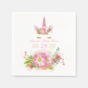 Roze en gouden bloem unicorn meisje baby shower servet