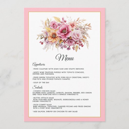 Roze en Gouden Bloemachtige Bruiloft Menu (Voorkant)