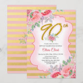 Roze en Gouden Bloemen 90ste Verjaardag Kaart (Voorkant / Achterkant)