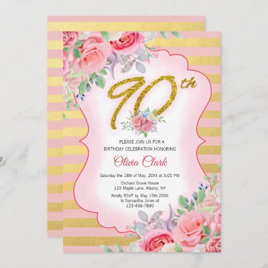 Roze en Gouden Bloemen 90ste Verjaardag Kaart (Voorkant / Achterkant)