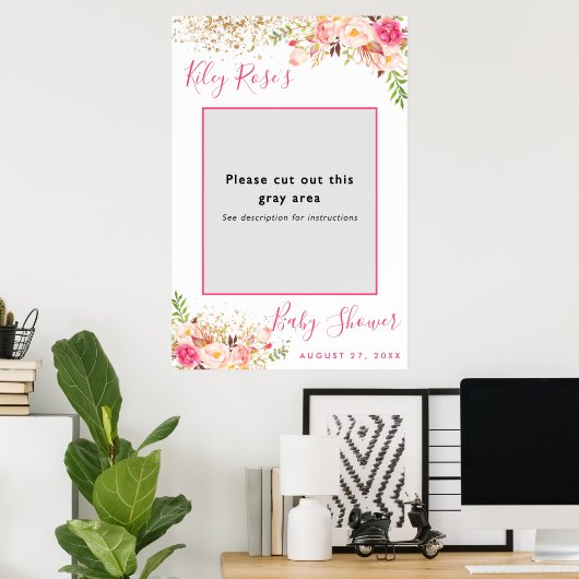 Roze en gouden bloemen baby shower foto randje poster (Thuiskantoor)