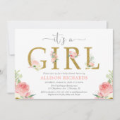 Roze en gouden bloemen baby shower, Het is een mei Kaart (Voorkant)